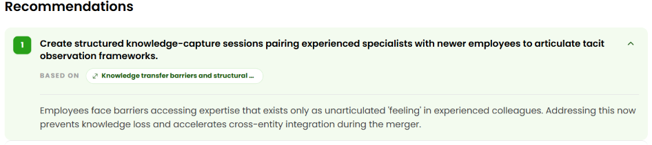 Leader Dashboard recommendation card linking a suggested action to its supporting evidence